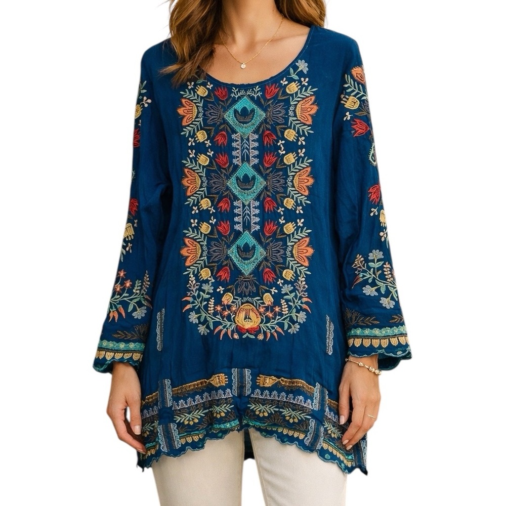 Johnny Was Embroidered Cupra Tunic Top Teal Boho Peasant Blouse Small